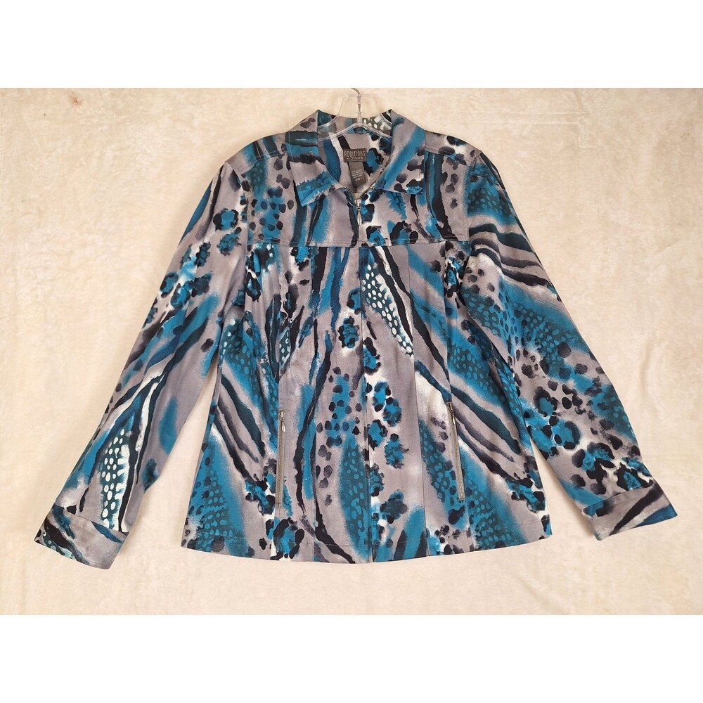 Additions Chico's Womens M Jacket Sz 1 Full Zip Long Sleeve Animal Blue Gray